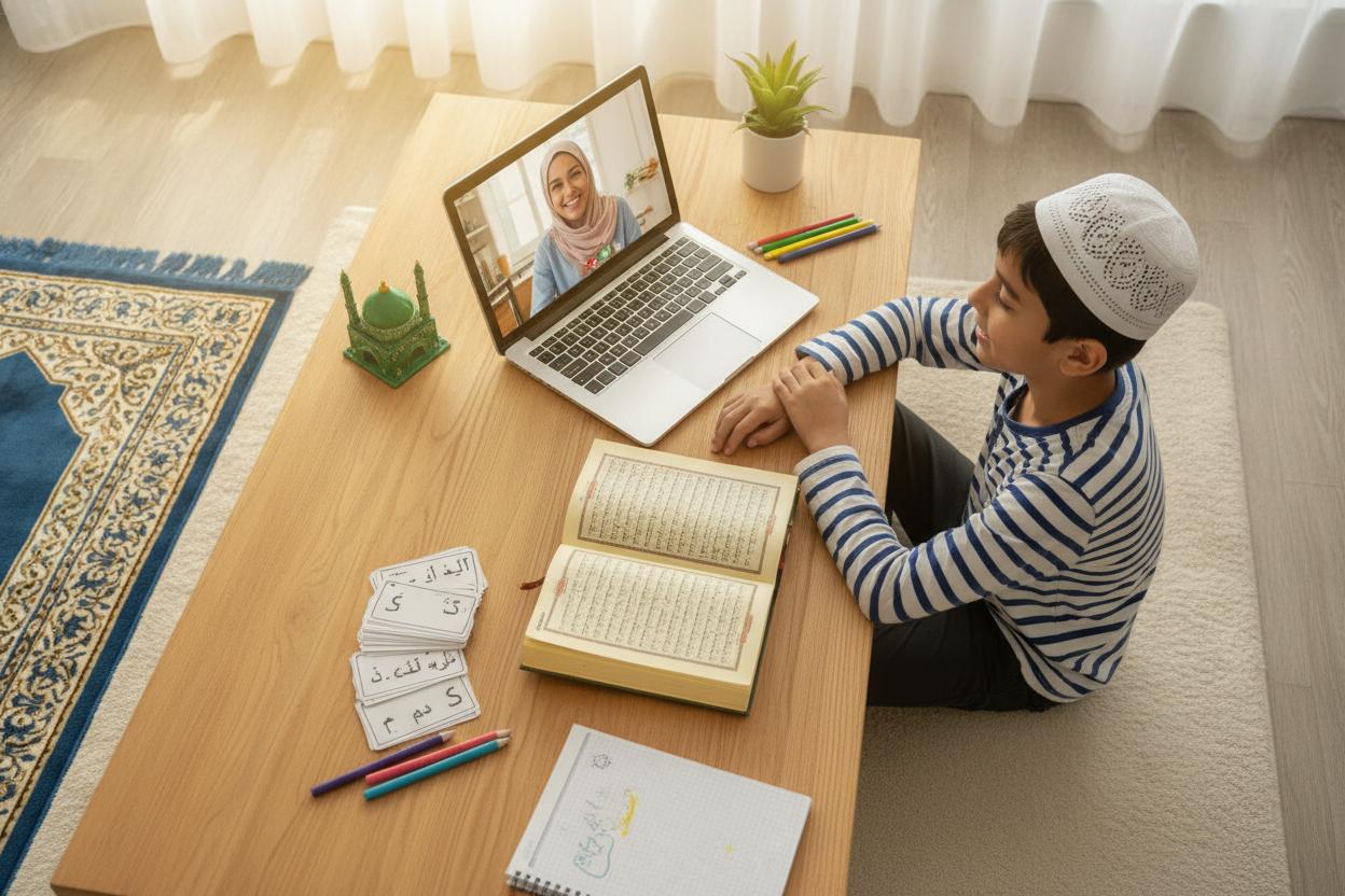 Young boy learning Quran online
